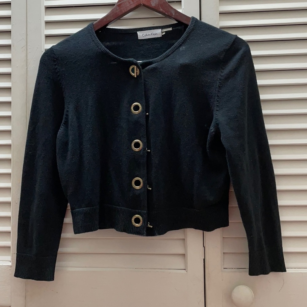 Calvin Klein GRANDMA CHIC Black Cropped Cardigan with Gold Eyelet Detailing
